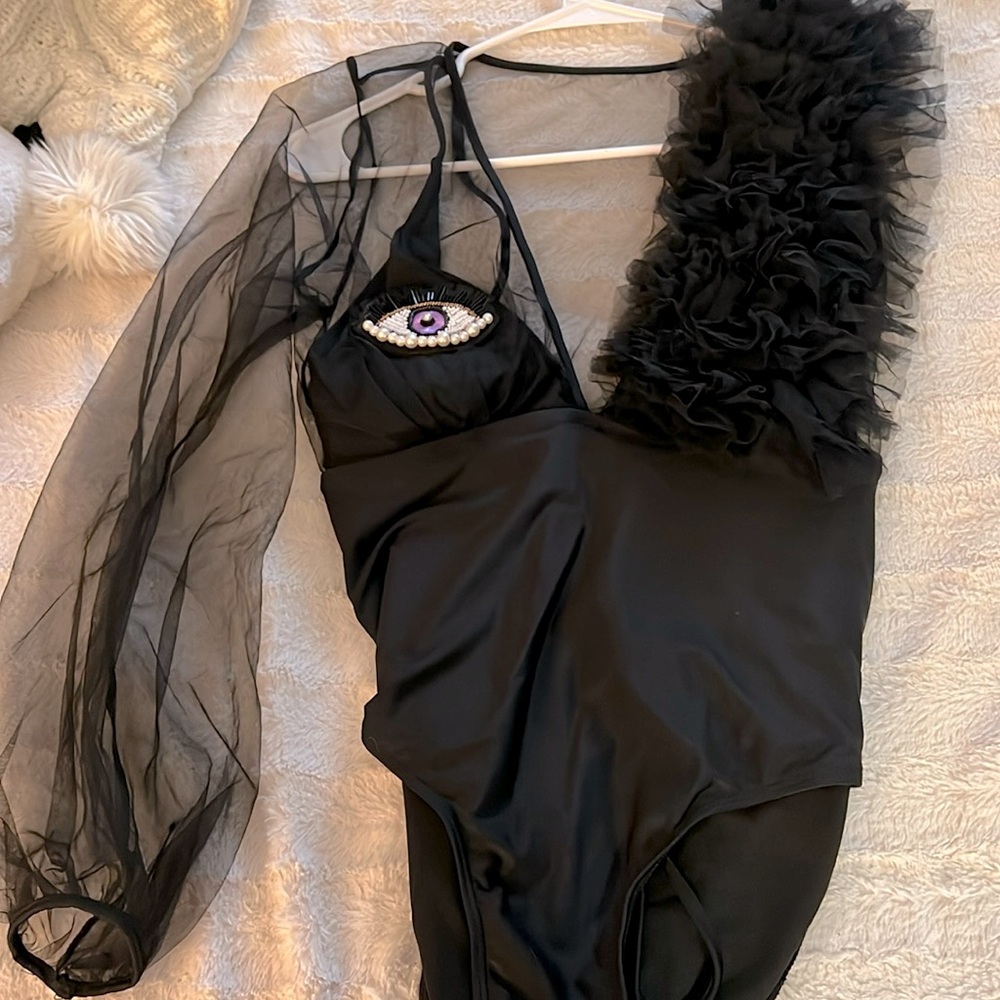 Gourgues one sleeve and sleeves less black bodysuit black